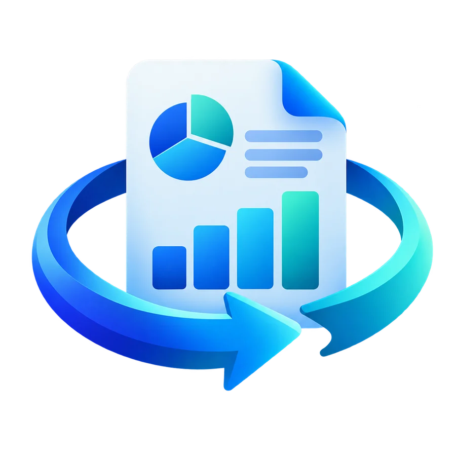 A chart-filled report encircled by a blue orbit